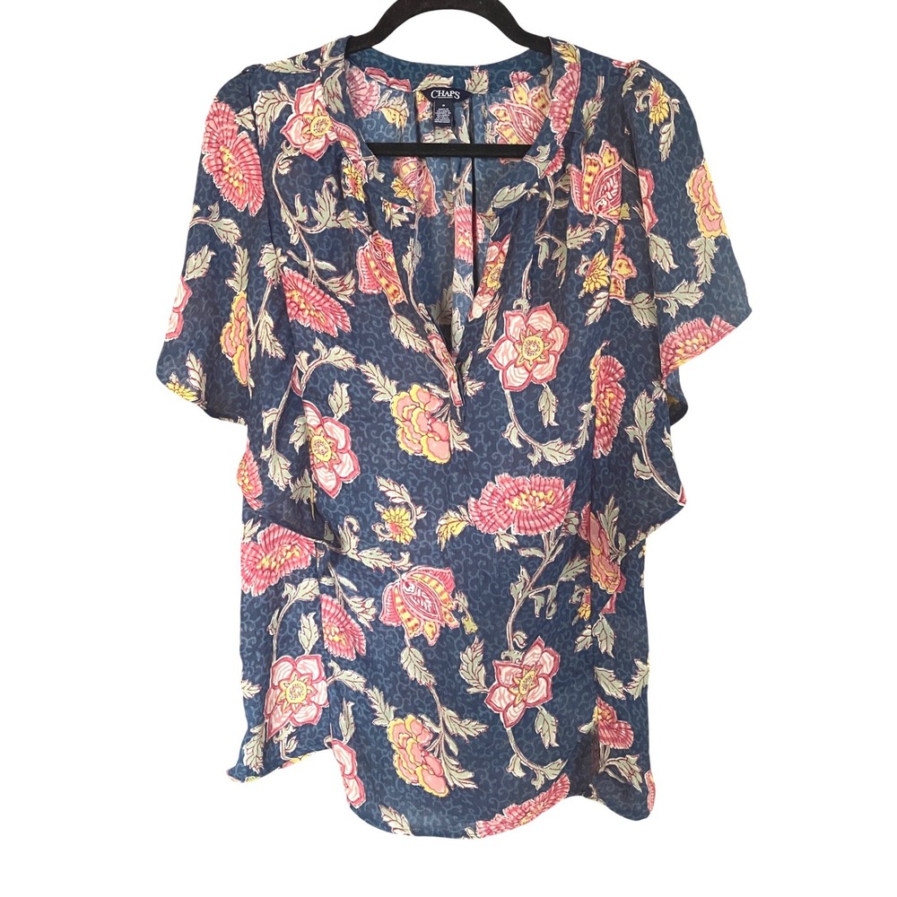 Ralph Lauren Chaps Floral V-Neck Navy Top Medium